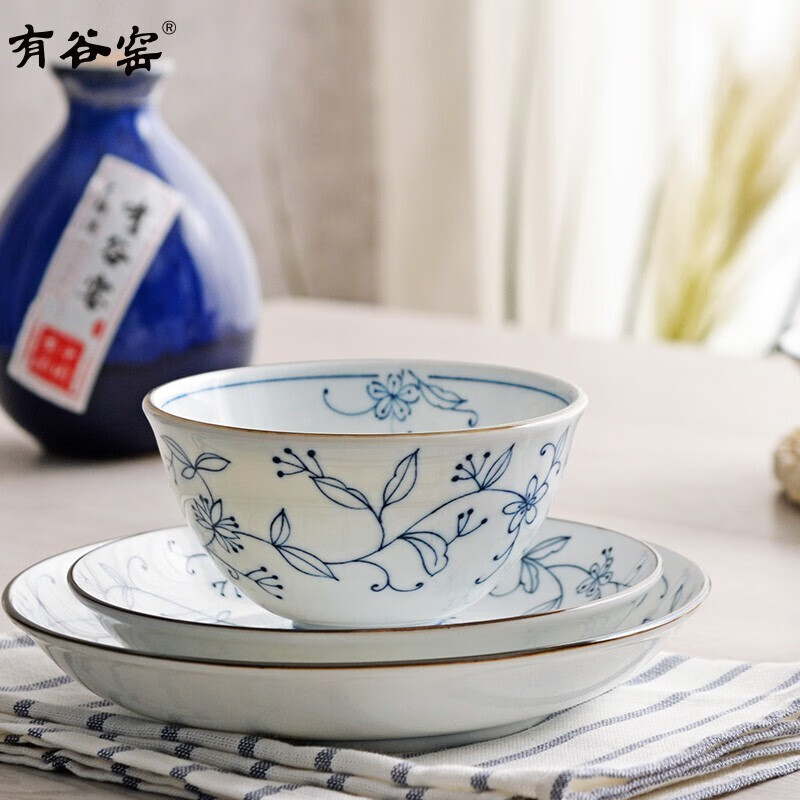 有谷窑碗盘日本进口线唐草餐具日式陶瓷厨房单个 线唐草14.5cm茶渍碗