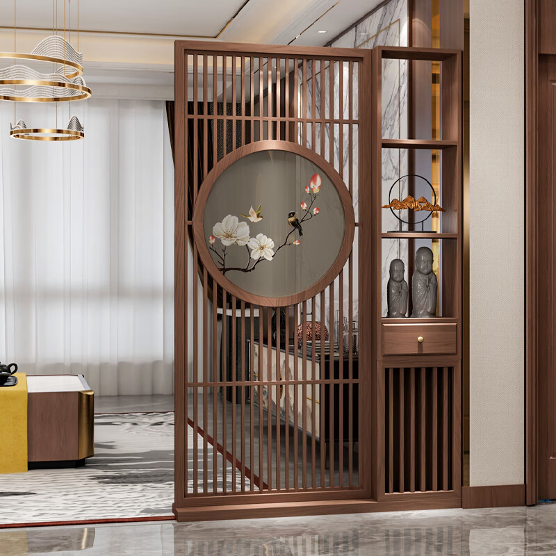 聚沁源 屏风隔断客厅简约现代新中式进门入户玄关装饰镂空实木刺绣