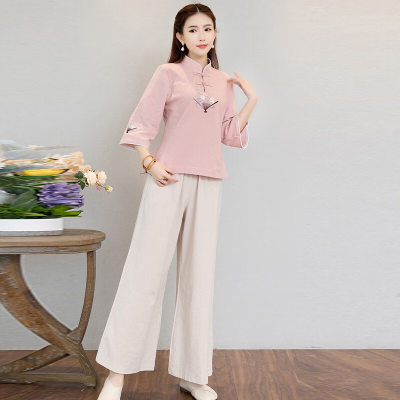 HKWZ棉麻中式女装中国风唐装禅意茶服茶艺服装禅服养生馆采耳师工作服 粉色上衣+杏色裤子(套装) L高性价比高么？