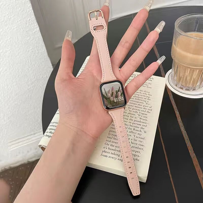 watch8真皮质表带苹果手表7654321女款个性se ins【t复古回环皮】粉色