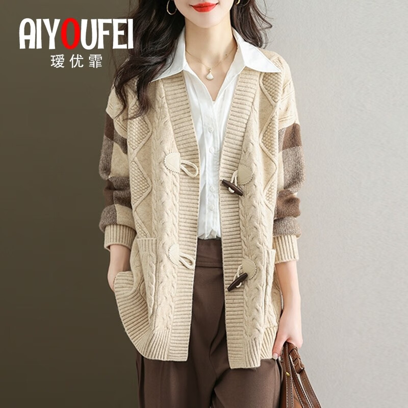 瑷优霏(aiyoufei)针织衫女开衫春秋装新款慵懒风宽松二八月外穿毛衣外套女中长款 图片色 驼色 S 建议90斤左右