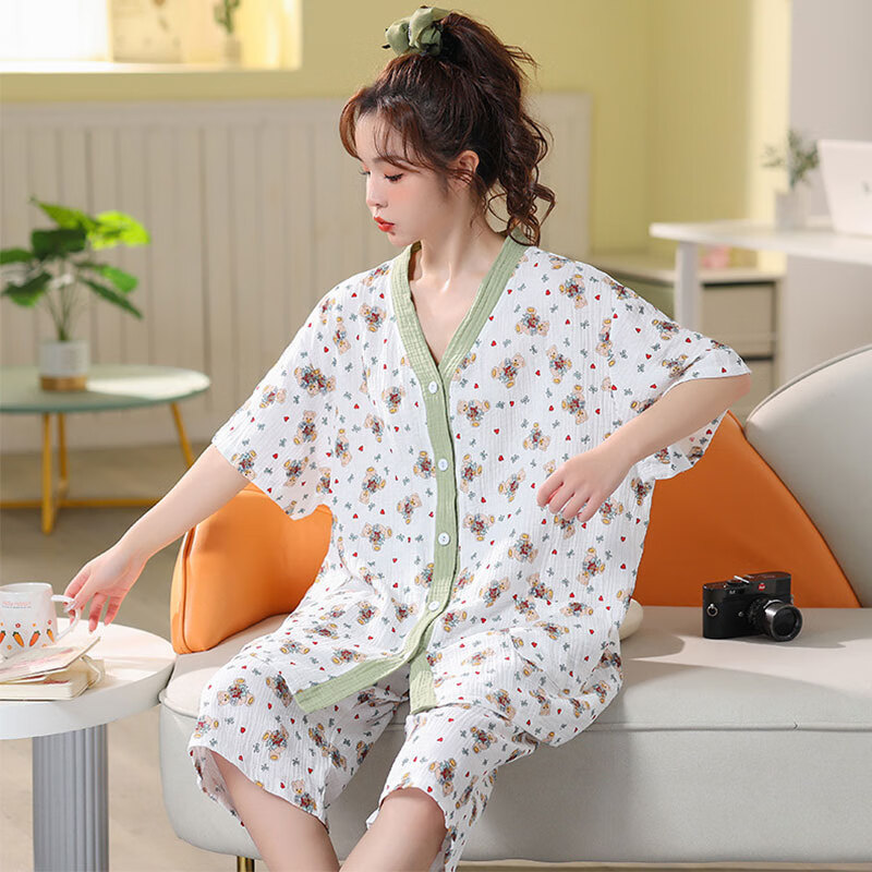 九红妃大码睡衣女200斤夏天纱布纯棉短袖开衫七分裤套装宽松家居服胖