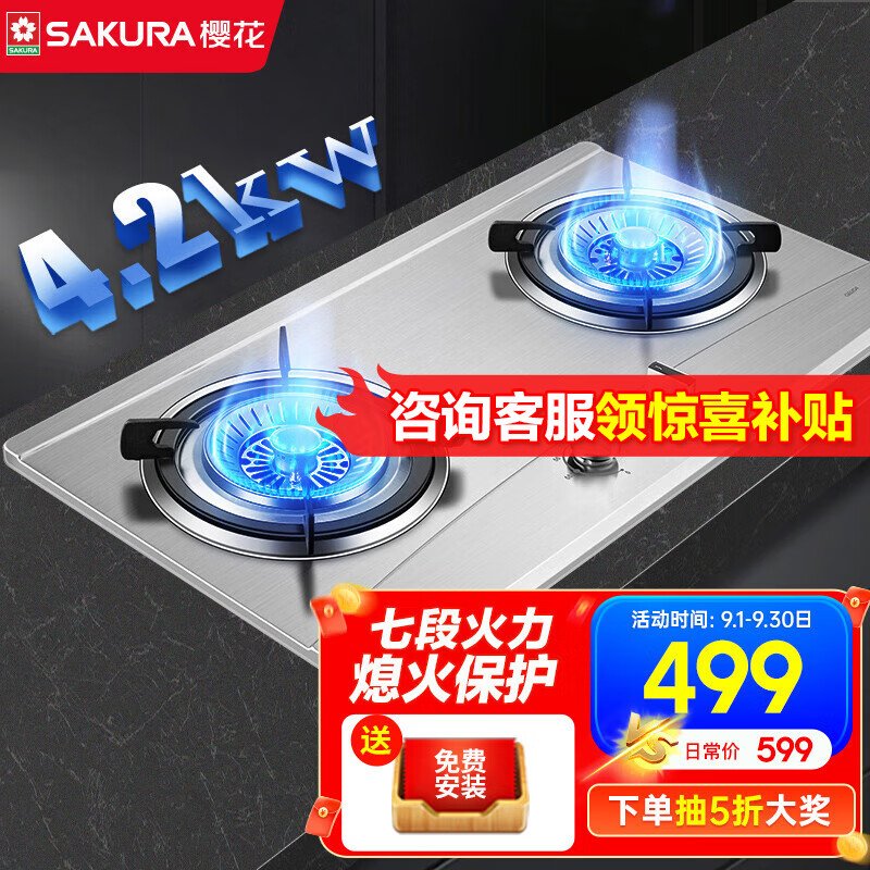 樱花SAKURA燃气灶双灶家用台式燃气灶天然气灶大火力液化气嵌入式煤气灶不锈钢灶易清洁一级能效 JZT-GBZ04【天然气】 燃气灶