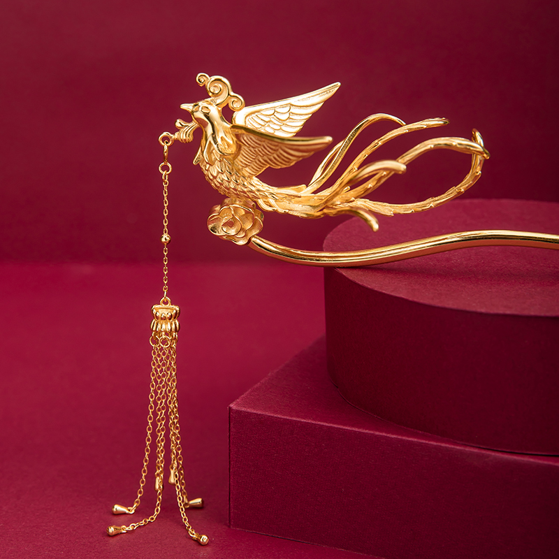 梦君宸【金凤簪】银镀金凤凰发簪 古法鎏金头饰复古婚嫁婚礼凤钗礼物