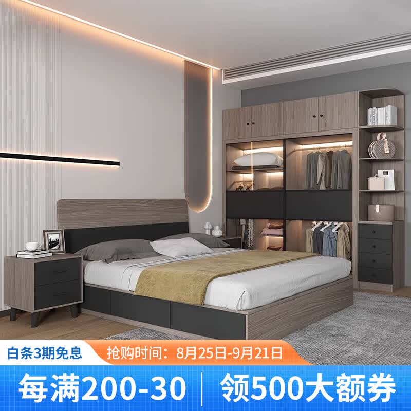 逸恋北欧现代储物床衣柜梳妆台卧室组合套装全屋定制整套家具五六件套 床+床头柜*2+弹簧棕垫+1.5米衣柜 1350mm*2000mm怎么看?