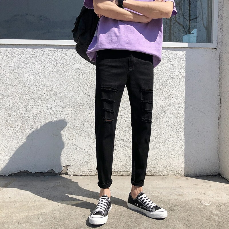 卡度顿les小码男裤黑色弹力紧身裤男26码27码瘦人男生多破洞牛仔裤9分