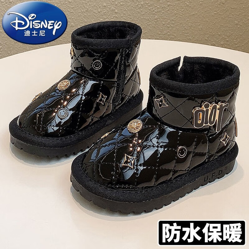 迪士尼同款1-3-6-12岁铆钉防水防滑女宝雪地靴儿童面包鞋女童棉鞋冬加