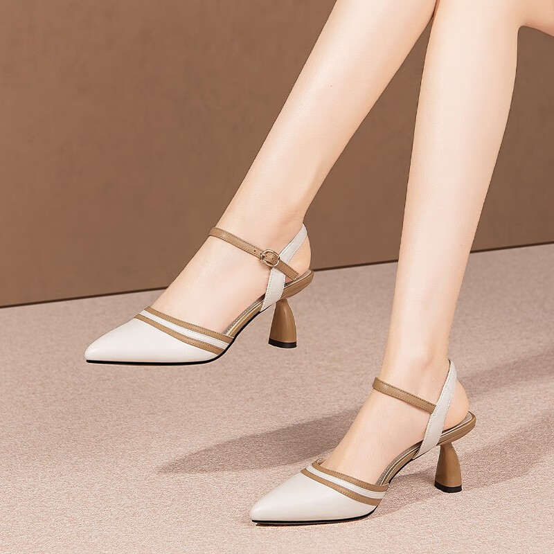 凉鞋女夏新款鞋女高跟细跟一字扣带时装鞋时尚职业工作鞋大码 白色 34