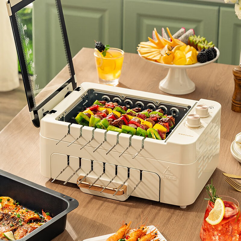 荣事达（Royalstar）多功能电烧烤炉烧烤架双层大容量家用无烟烤肉锅电烤盘不粘自动旋转烤串机 自转翻烤+煎烤盘 2层