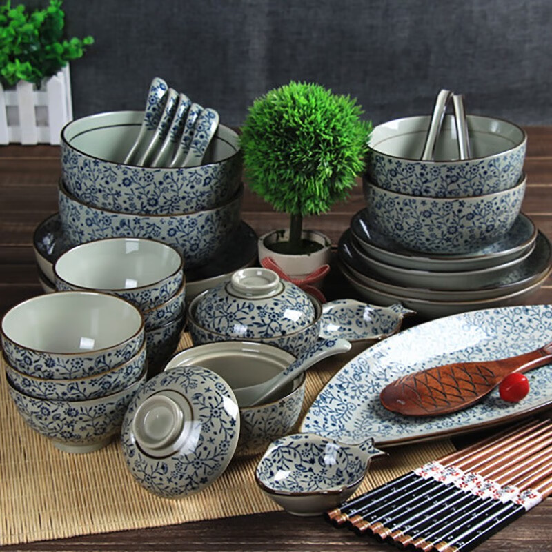 和风四季陶瓷釉下彩餐具家用日式餐具套装饭碗面碗盘子送礼碗盘碟组合 仿古釉套装(青花) 36头