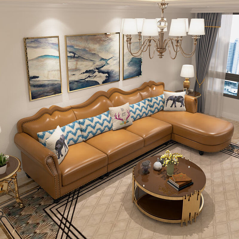 芭比皇后 美式轻奢皮布转角沙发组合后现代家具大小户型客厅皮沙发可拆洗 1+2+左贵妃(3.2米)请备注颜色