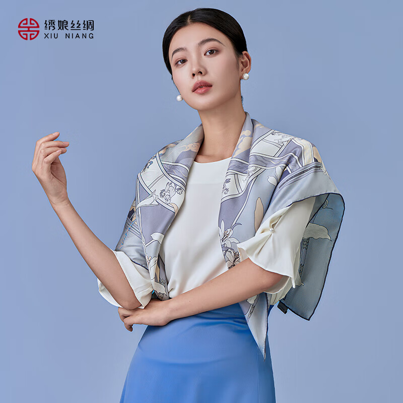 绣娘丝绸真丝丝巾女100%桑蚕丝绸双面同色印花大方巾送礼百事如意