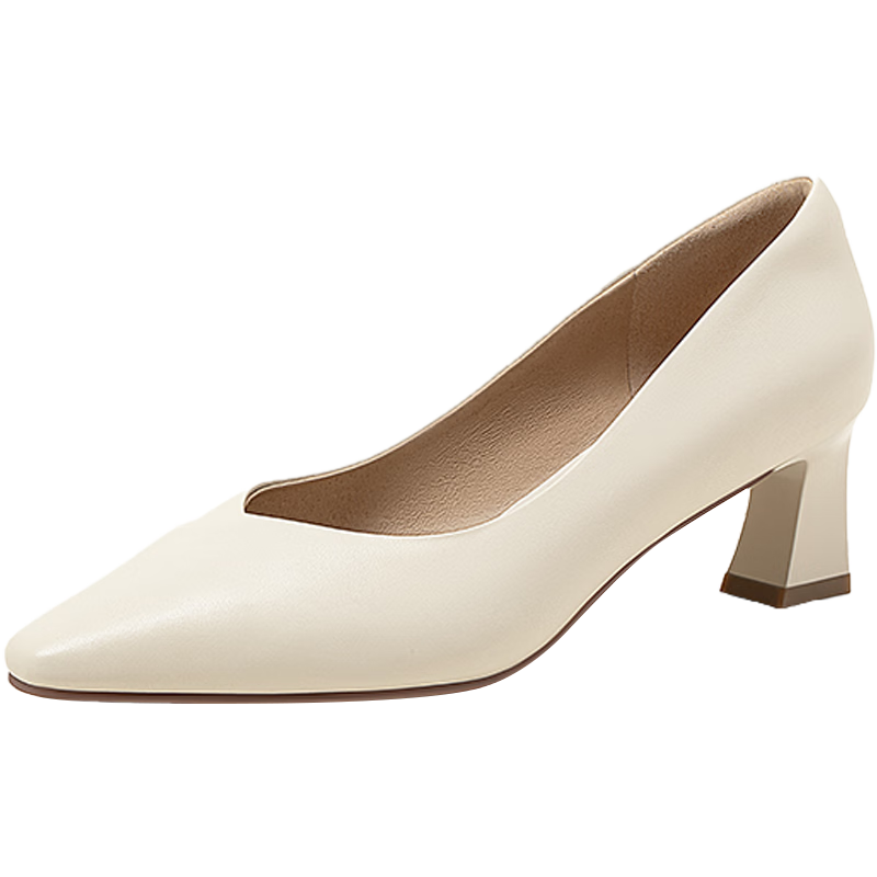 康莉粗跟高跟鞋女春季新款法式小方頭單鞋真皮約會(huì)通勤職業(yè)鞋 米白色 37
