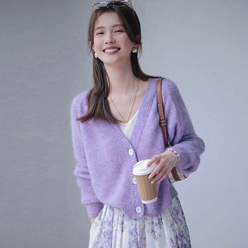 秋季新款设计感小众气质温柔风秋冬新款温柔风紫色领针 紫色开衫 s