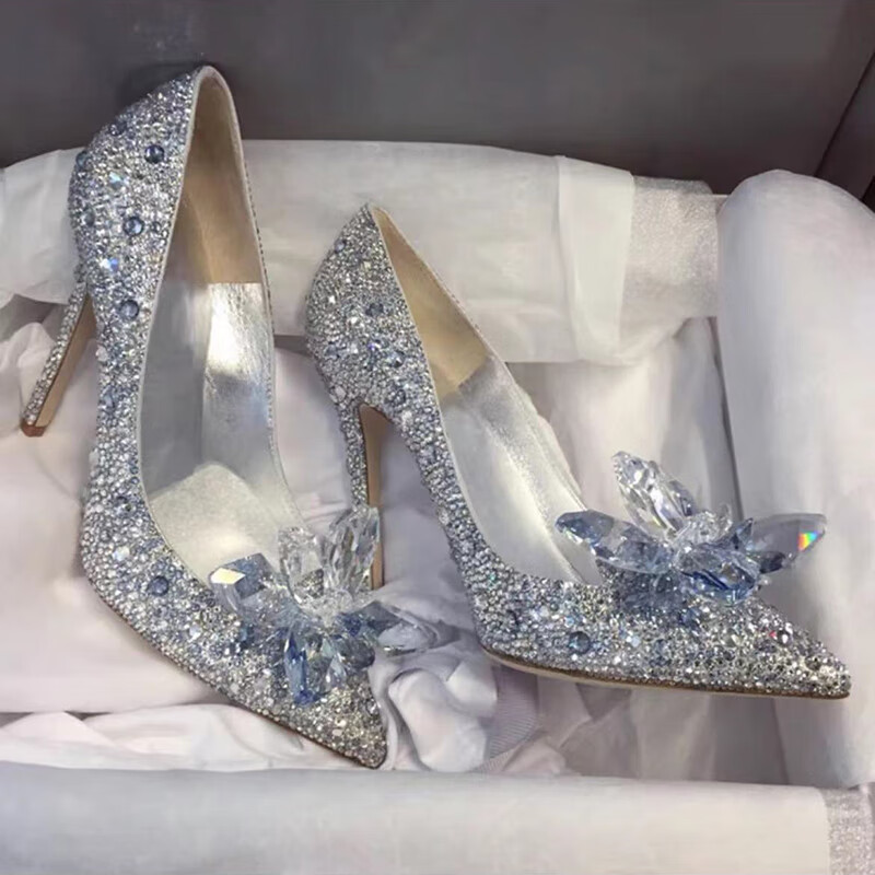 格素凡18岁成年礼物女水晶鞋高跟鞋亮钻水钻公主少女孩生日新娘结婚鞋 银色[6厘米] 34