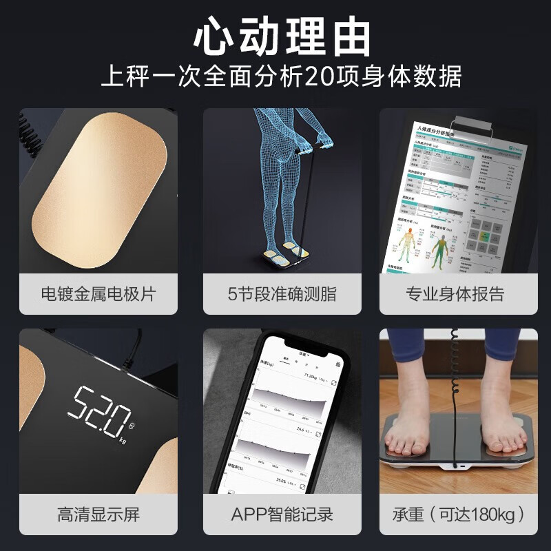 沃莱(ICOMON)八电极智能体脂体重秤 健身房专用电子秤人体减肥健身健康监测测量仪 黑色八电极-FG2001B-A 【充电款】