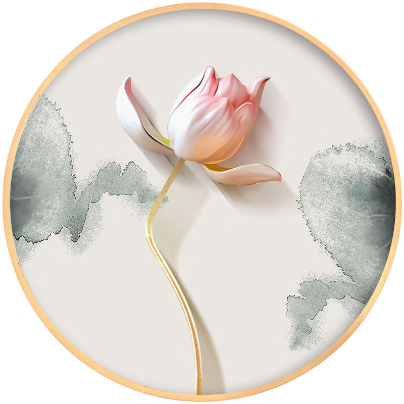 皓涛 新中式水墨浮雕荷花禅意创意圆形实木装饰画简约现代客厅有框挂