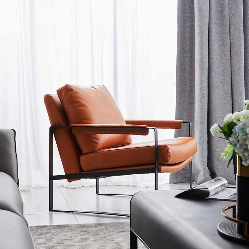 奋本 极简单人椅子北欧客厅现代简约橙色真皮轻奢设计师休闲懒人沙发椅 橘橙色羽绒超纤款