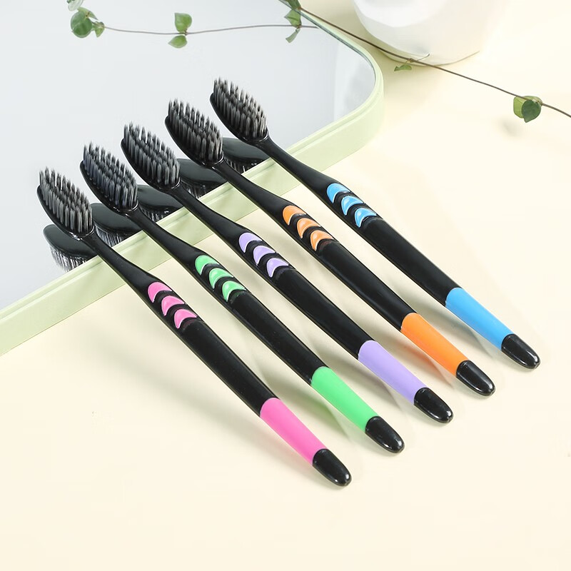 健 清洁竹炭柔顺炭丝软毛牙刷成人家用学生党家庭实惠组合 粉绿紫橘兰 5支 情梳万缕20支装【最实惠】