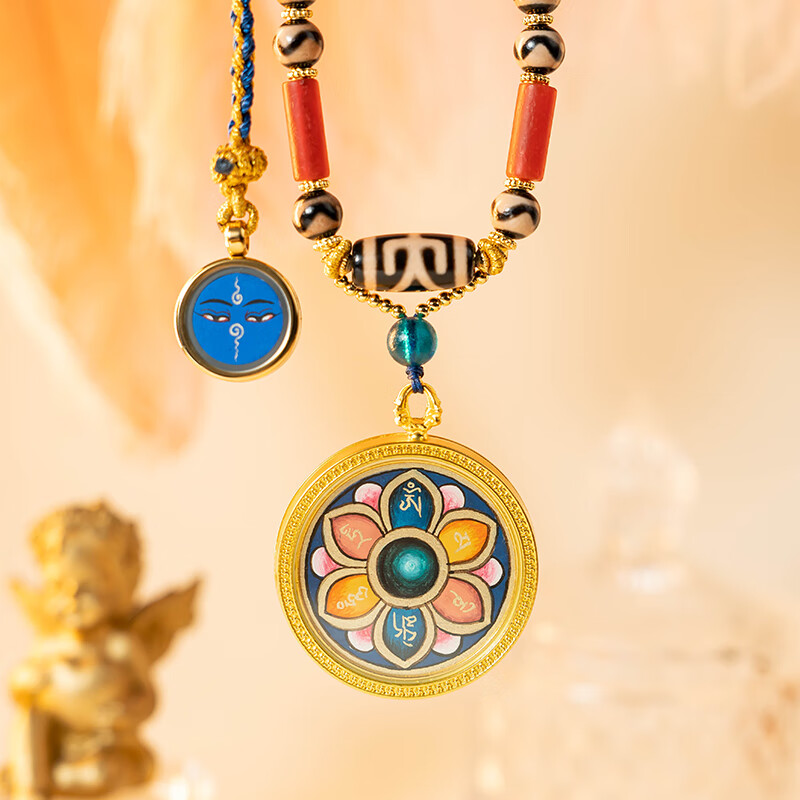 拾禾 小唐卡吊坠纯手绘热贡莲花六字真言随身项链护身符 莲花 六字