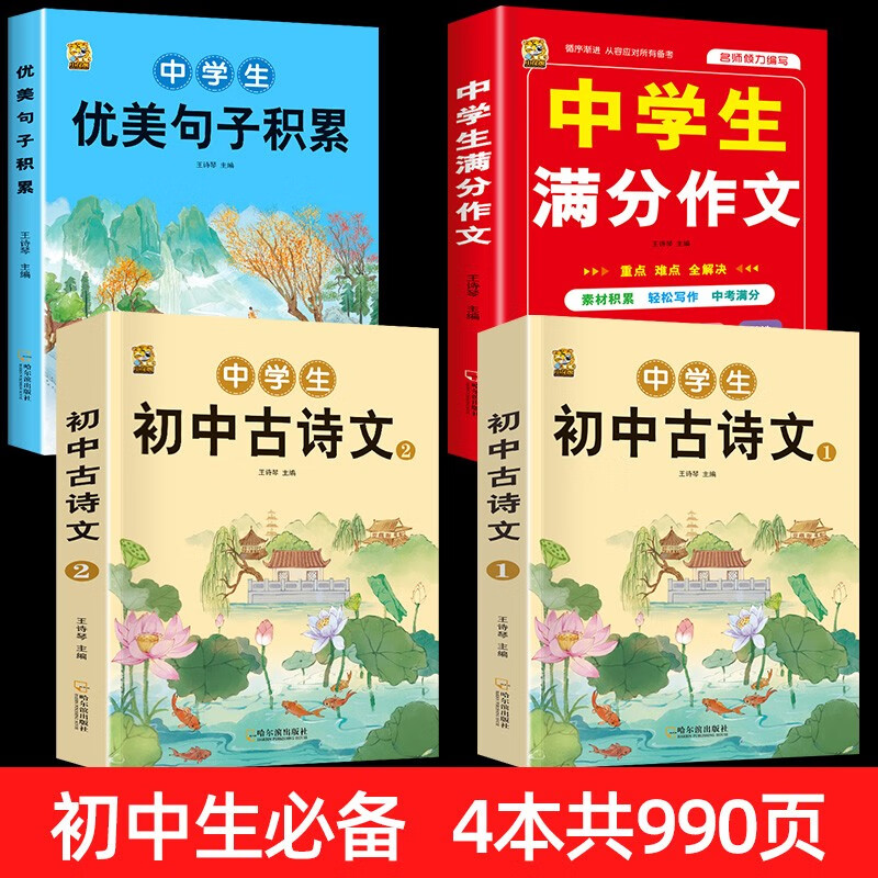 中考满分作文初中语文写作素材中考总复习优美句子积累大全60天优美句段篇积累 【4本】初中生必背古诗文+优美句子+满分作文