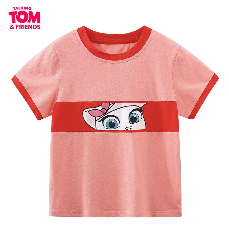 汤姆猫2021夏新款儿童短袖男童夏装上衣白色时尚纯棉圆领T恤套装 TTX1337粉/大红 110cm