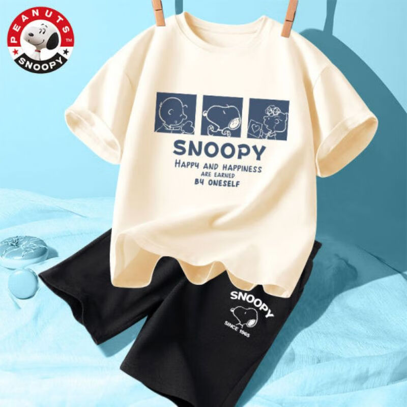 史努比（SNOOPY）儿童短袖套装纯棉夏季中小童男女孩子休闲半袖短裤两件装 DS532杏+NS474壹K黑 130怎么看?
