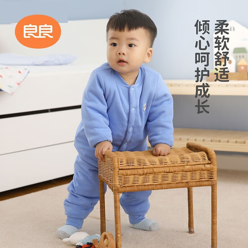 良良【精选】婴儿秋冬套装宝宝纯棉加厚衣服儿童春秋分体保暖睡袋 咕噜-净蓝-夹棉套装90cm 适合室内温度10-20°高性价比高么？