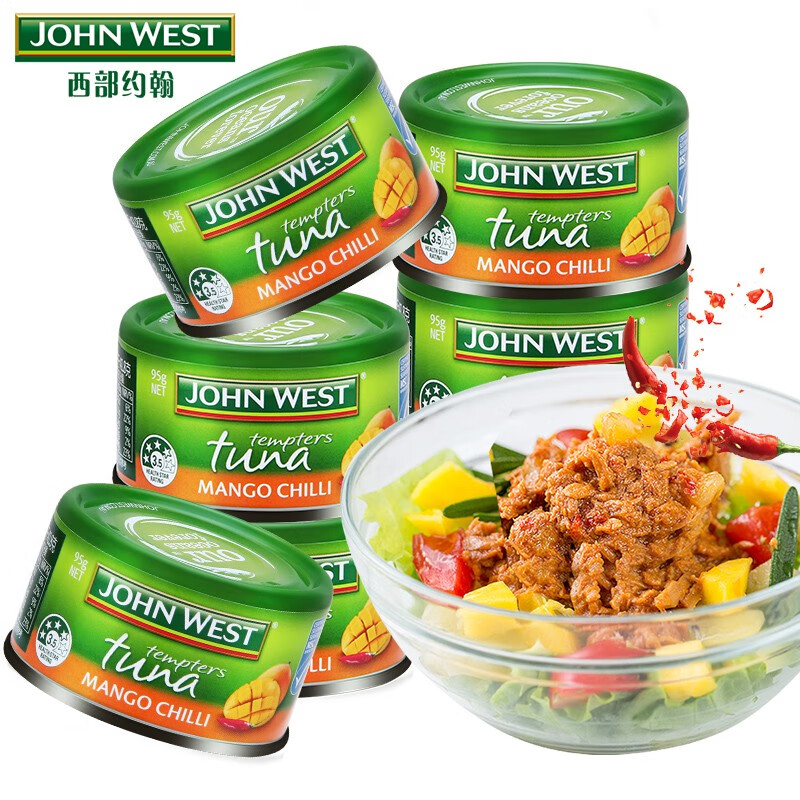 西部约翰(JOHN WEST) 金枪鱼罐头 95g*6罐（芒果辣味）方便速食 健身轻食代餐 三明治沙拉食材