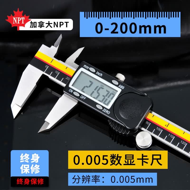 NPT加拿大NPT高精度数显卡尺0-150-200-300mm数显不锈钢卡尺工业级 0-200mm/0.005（高精款）