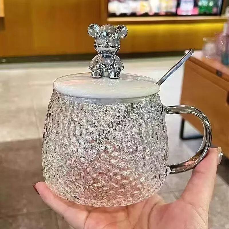 小熊杯子i高颜值花茶杯简约耐热玻璃杯带盖马克杯玻璃水杯 小熊杯1个（盖子+勺子+杯身））