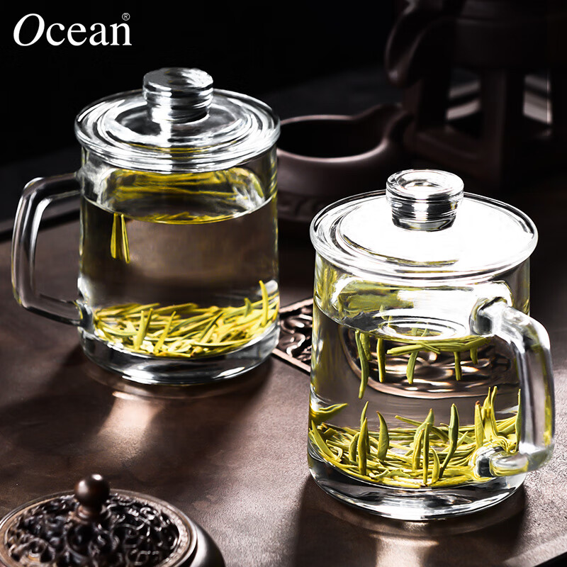 Ocean玻璃泡茶杯耐热办公把手杯茶饮带盖水杯350ML2只