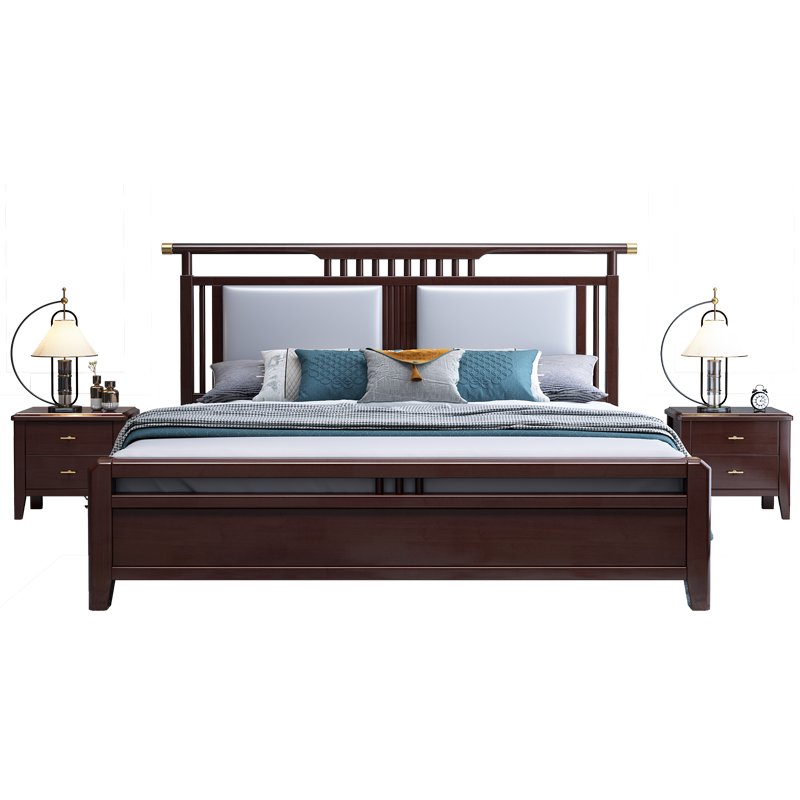 景腾 床 新中式实木床1.8米双人床主卧大床一米五单人高箱床出租屋轻奢软包床卧室家具 实木床 1.8米*2米标准款