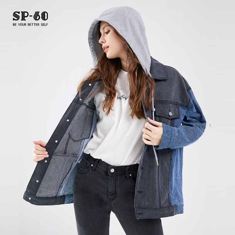 SP-68牛仔外套女秋款灰蓝拼接牛仔连帽卫衣百搭宽松韩版水洗牛仔夹克 Y-NZ137 均码