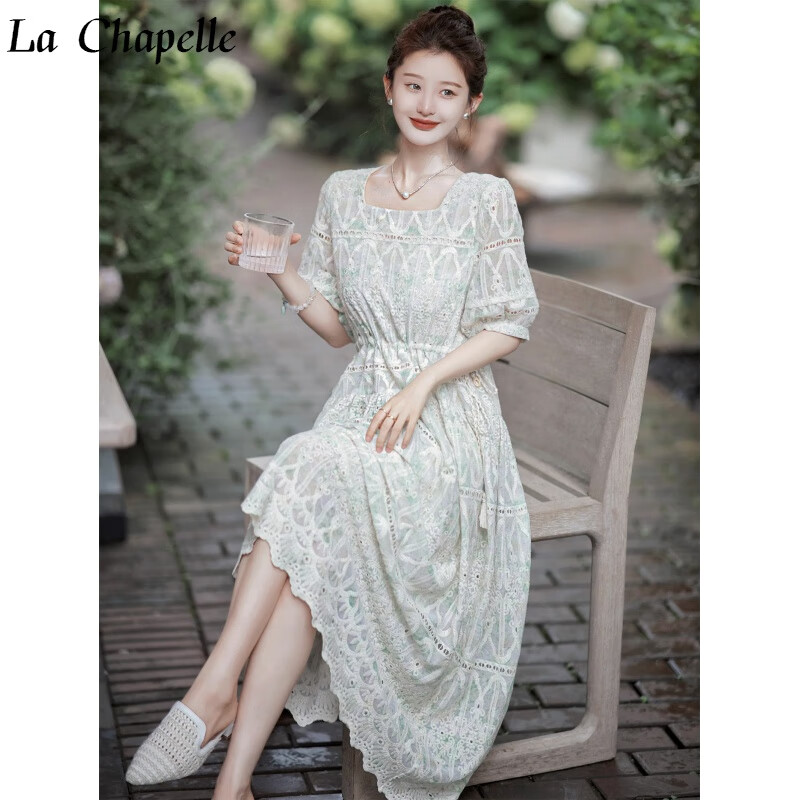 拉夏贝尔（La Chapelle）法式小个子连衣裙2023新款女装夏日青柠裙刺绣渐变色清新淡雅裙子 绿色 L