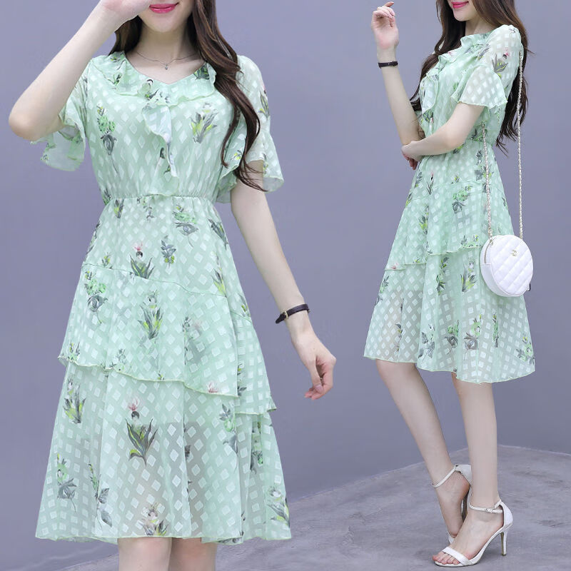 流行雪纺中长款连衣裙春夏新款法式裙子仙女超仙森系甜美过膝 苹果绿 XL