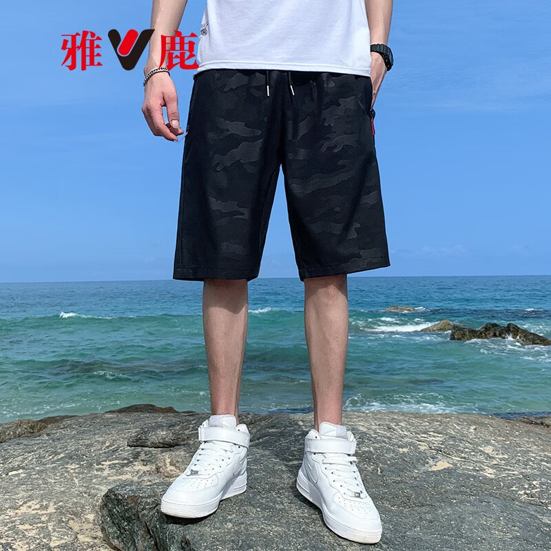 雅鹿短裤男士夏天外穿2021年新款韩版潮流宽松透气运动五分休闲裤 黑色 2XL
