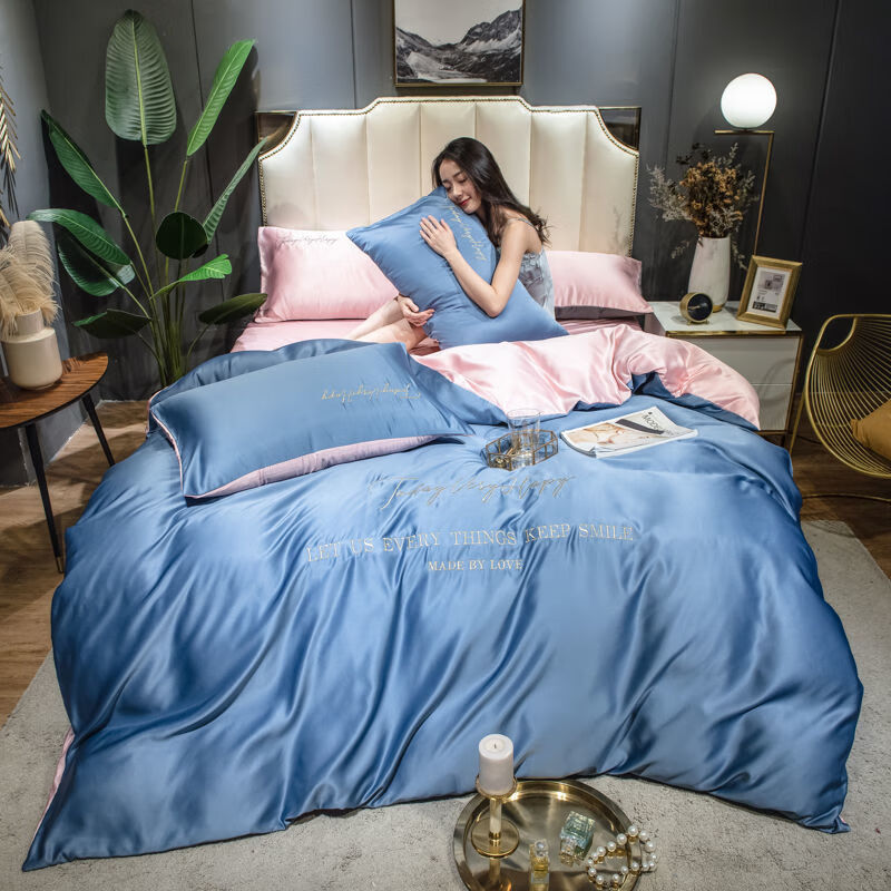 春夏季水洗丝四件套双面被套丝滑裸睡刺绣床单床笠床上用品 宾利蓝 粉