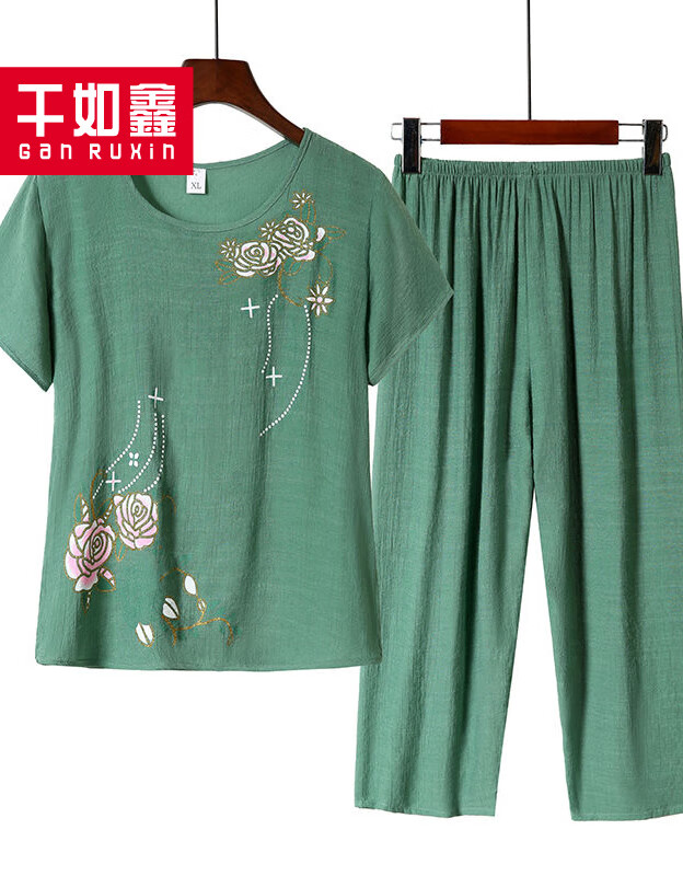 俞兆林（YUZHAOLIN）母亲节礼物中老年人夏装女奶奶T恤短袖妈妈棉麻套装休闲老人衣服 橘色 4XL [建议140-155斤]