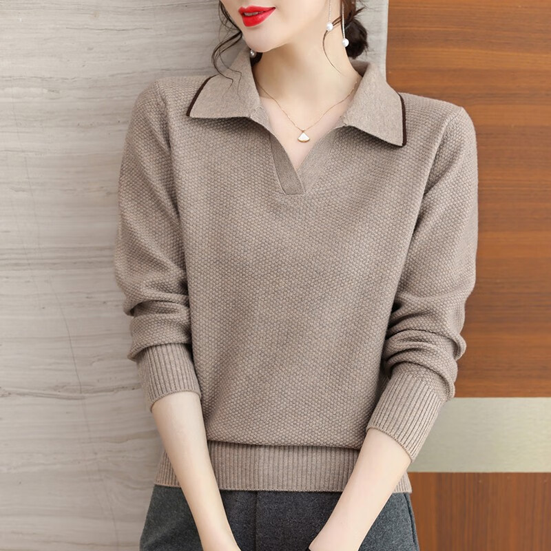 瑷优霏polo领针织衫女上衣春秋新款含羊毛毛衣女宽松显瘦百搭纯色打底衫 图片色453娃娃领 卡其 L 建议105-115斤左右