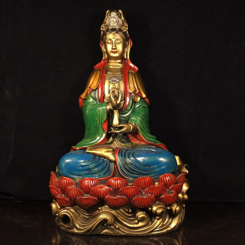 铜人艺巷全铜黄铜彩绘莲花观音菩萨铜像净瓶观音家居佛堂装饰摆件