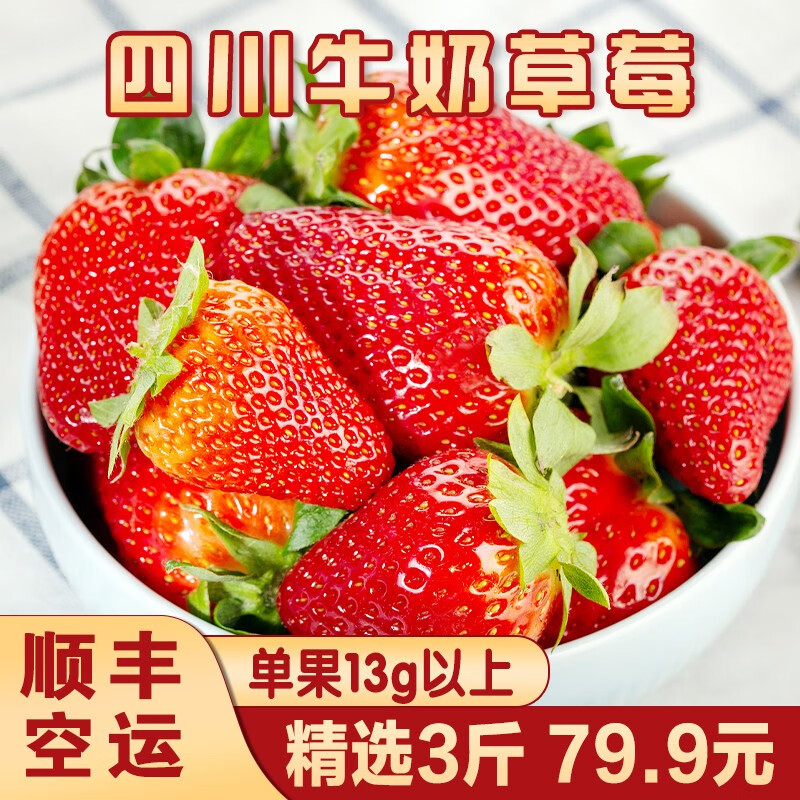 四川牛奶草莓 肉质饱满 水嫩甜蜜 新鲜草莓 顺丰空运 精选3斤彩箱装（单果13g以上）