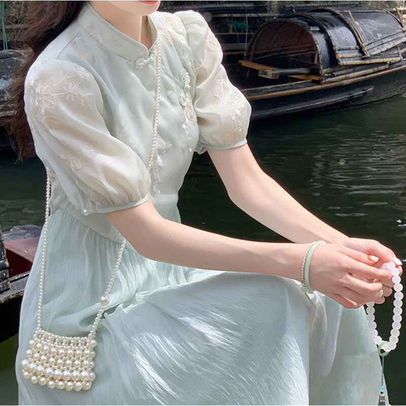 晟伊改良旗袍连衣裙年轻款少女夏季2023新款新中式盘扣旗袍裙 天水碧