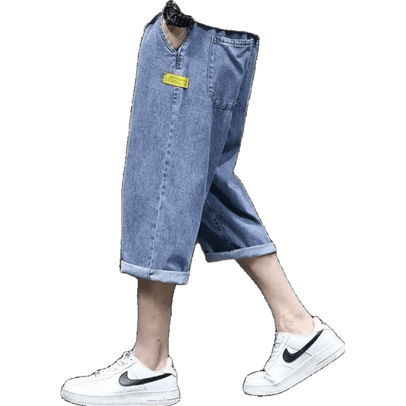 沐發(fā)七分水洗牛仔短褲男士夏季薄款青少年寬松直筒百搭潮牌闊腿休閑褲 藍色 S推薦85-95