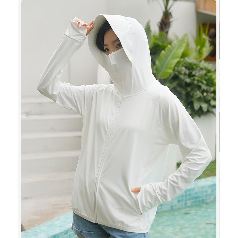 安妮洁欣 冰丝防晒衣女韩版遮阳防阳光晒外套风衣防紫外线防晒服春夏外套 典雅白(110-150斤)