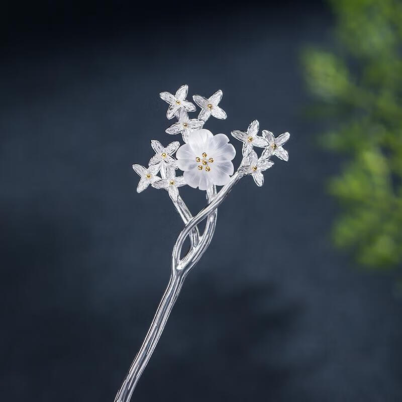 锦彩福s925银水晶樱花发簪发钗女宫廷古风汉服头饰古典气质盘发簪子