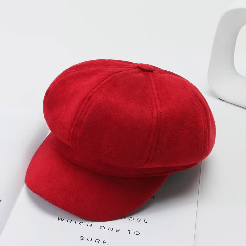 帽子女秋冬季时尚百搭八角帽韩版英伦复古纯色鸭舌帽贝雷帽呢料 红色