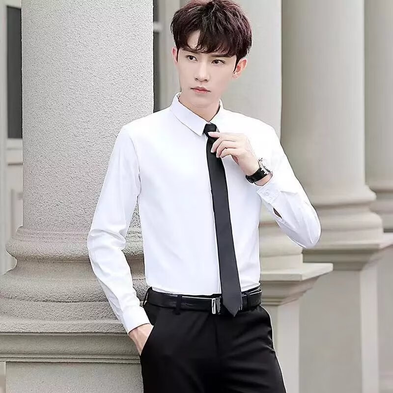 万派摩正装西装衬衫纯黑件件秋韩版修身青年商务工作免熨衬衫打底