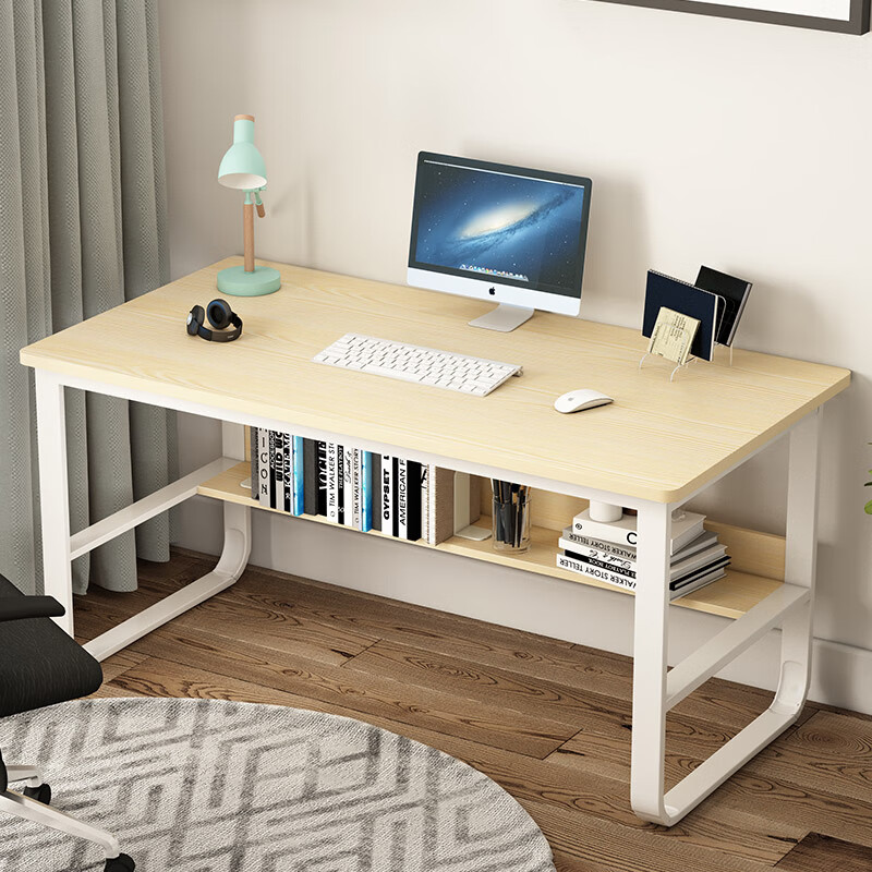 庭百盛电脑桌书桌简约储物书架台式家用办公学生学习桌子 白杉木色白