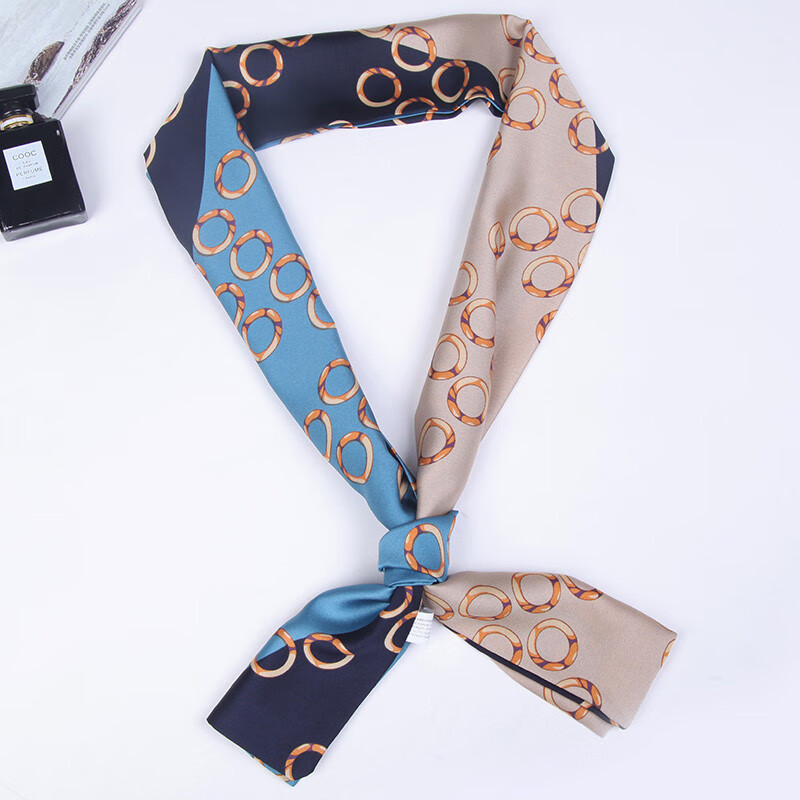 达芬奇密码 丝巾小长巾女百搭春秋仿真丝窄边杭州丝绸丝巾 玉环连珠 孔蓝
